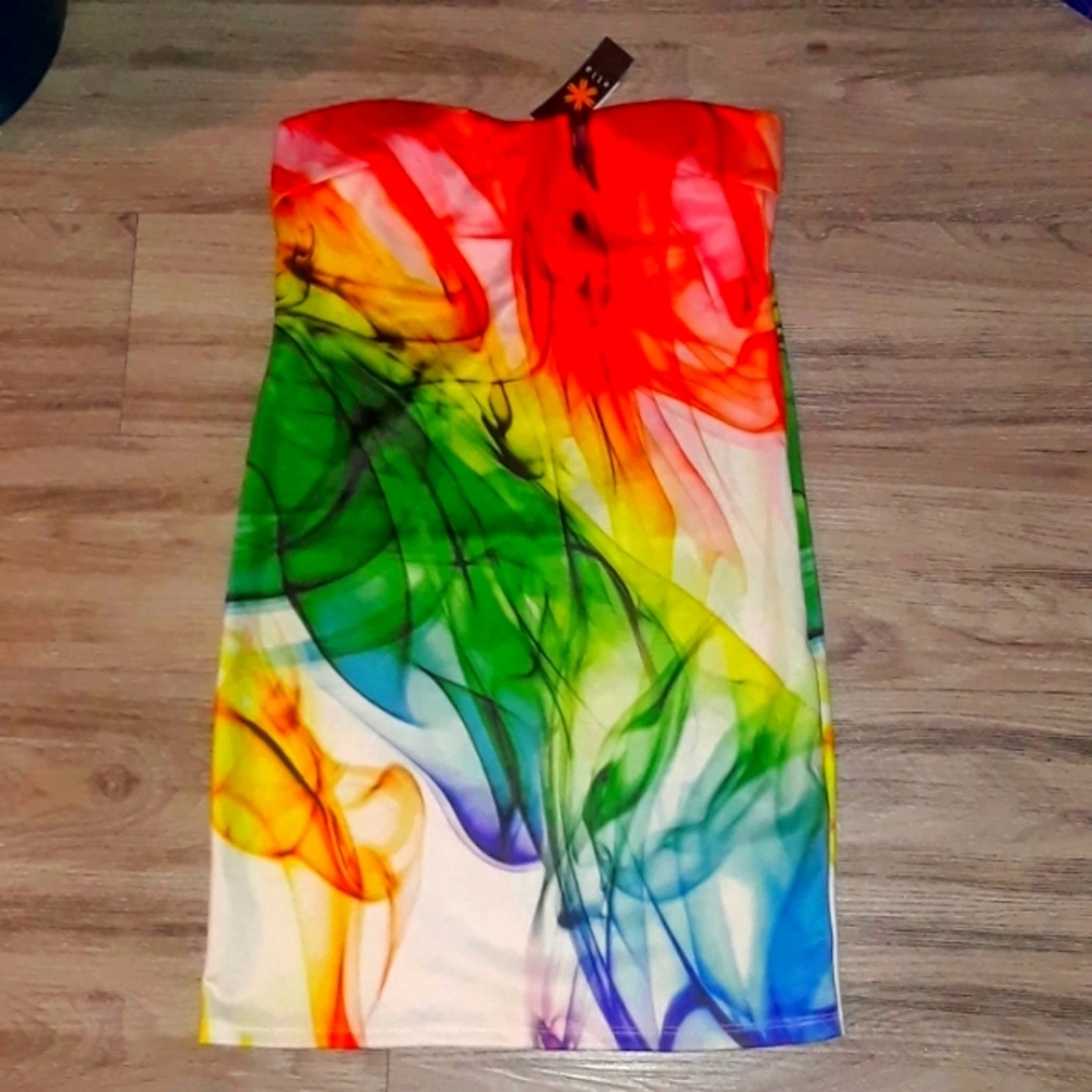 Strapless Rainbow Smoke on the Water Mini Dress L
